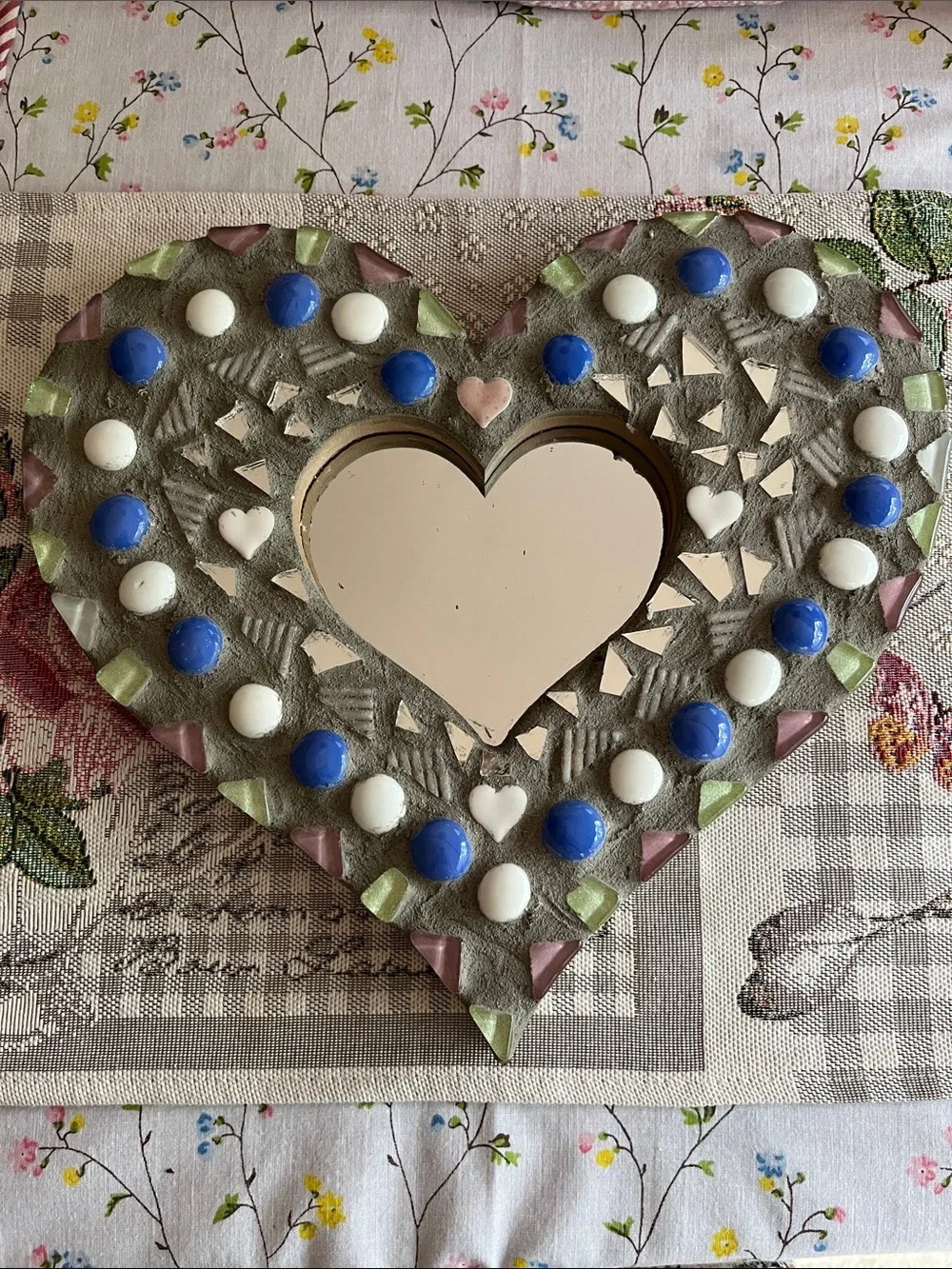 Handmade Heart Shape Mosaic Wall Mirror Blue, White & Green cottagecore